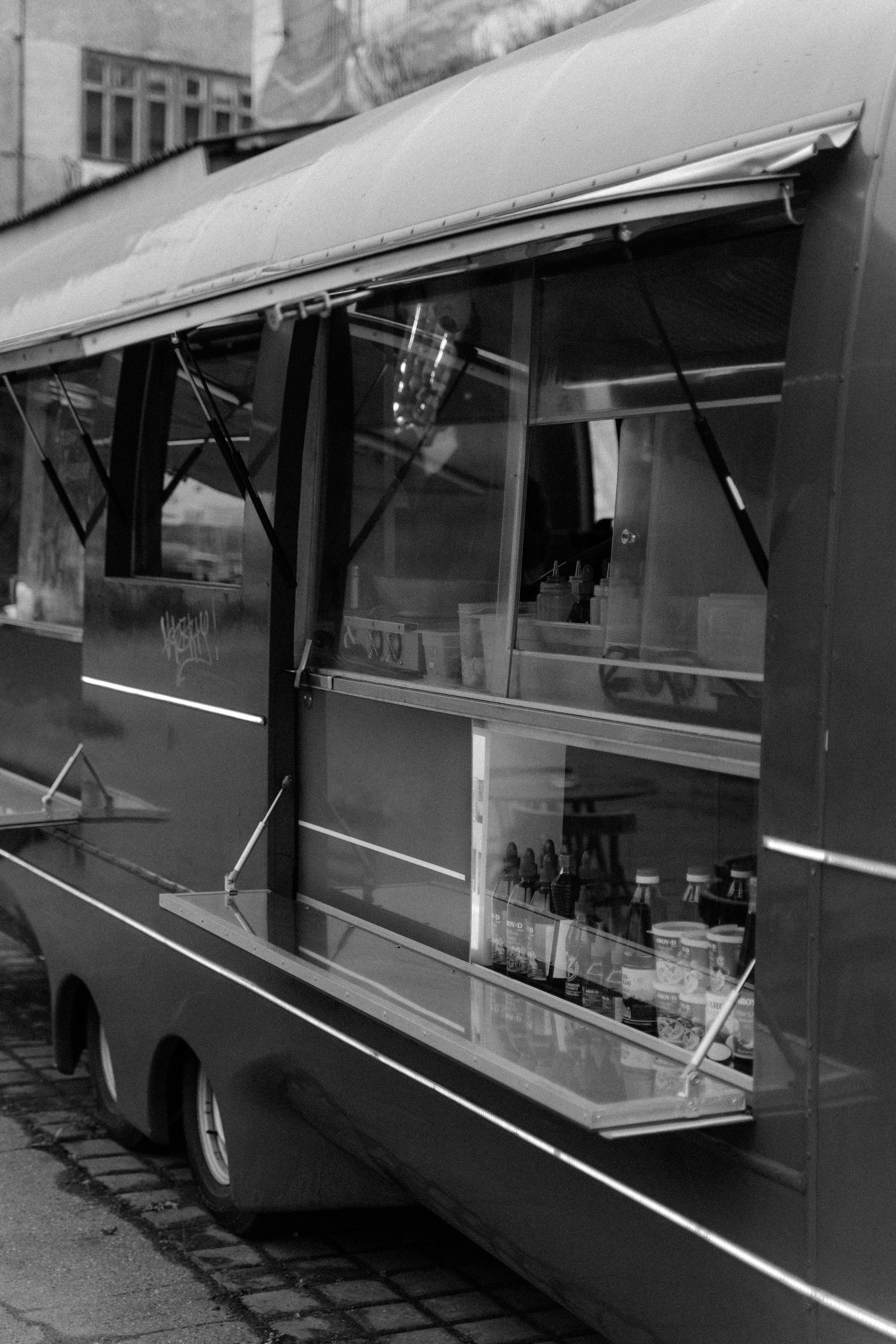 A Grayscale of a Food Truck